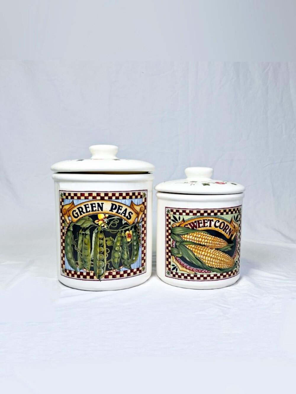Vintage Farmhouse Set of 2 Peas Corn Vegetable Design Ceramic Canisters w/Lids